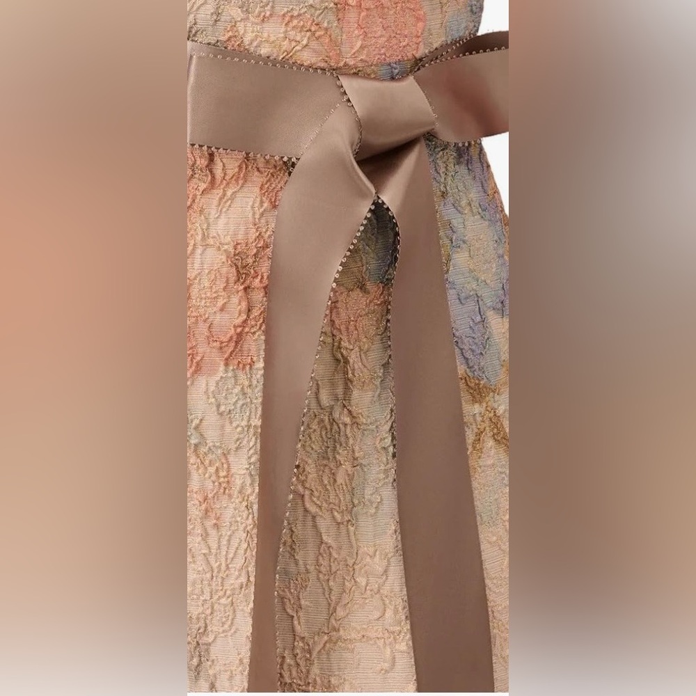 Adrianna Papell Champagne Lace Maxi Dress with Taupe Sash and Pastel Accents - Picture 3 of 9